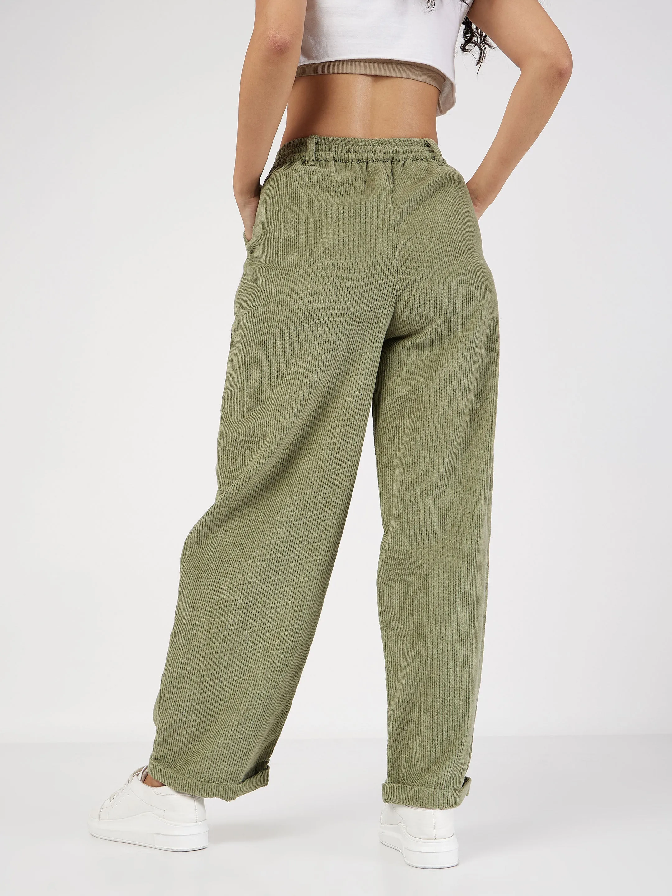 Women Olive Corduroy Pouch Pocket Drawstring Pants