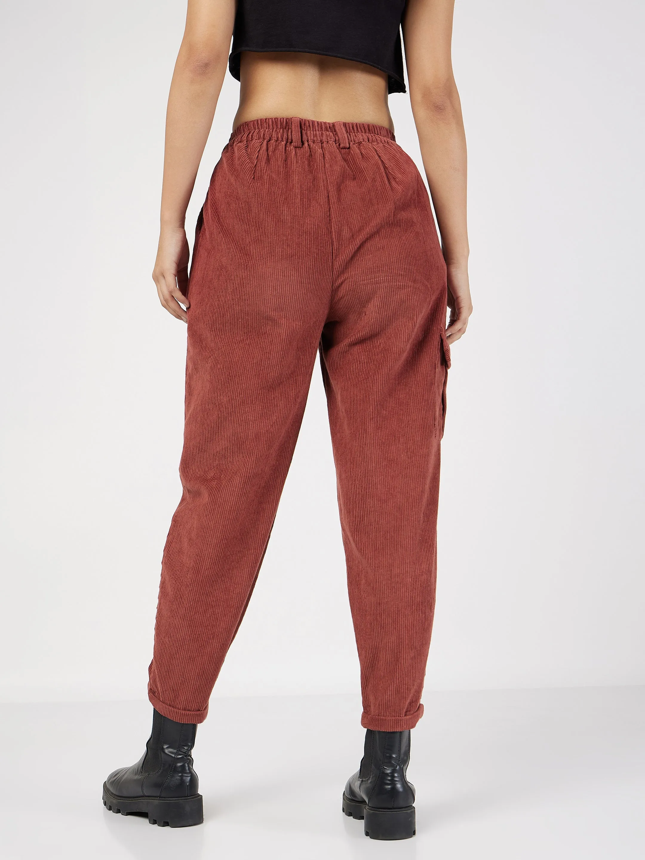 Women Rust Corduroy Carrot Fit Pants