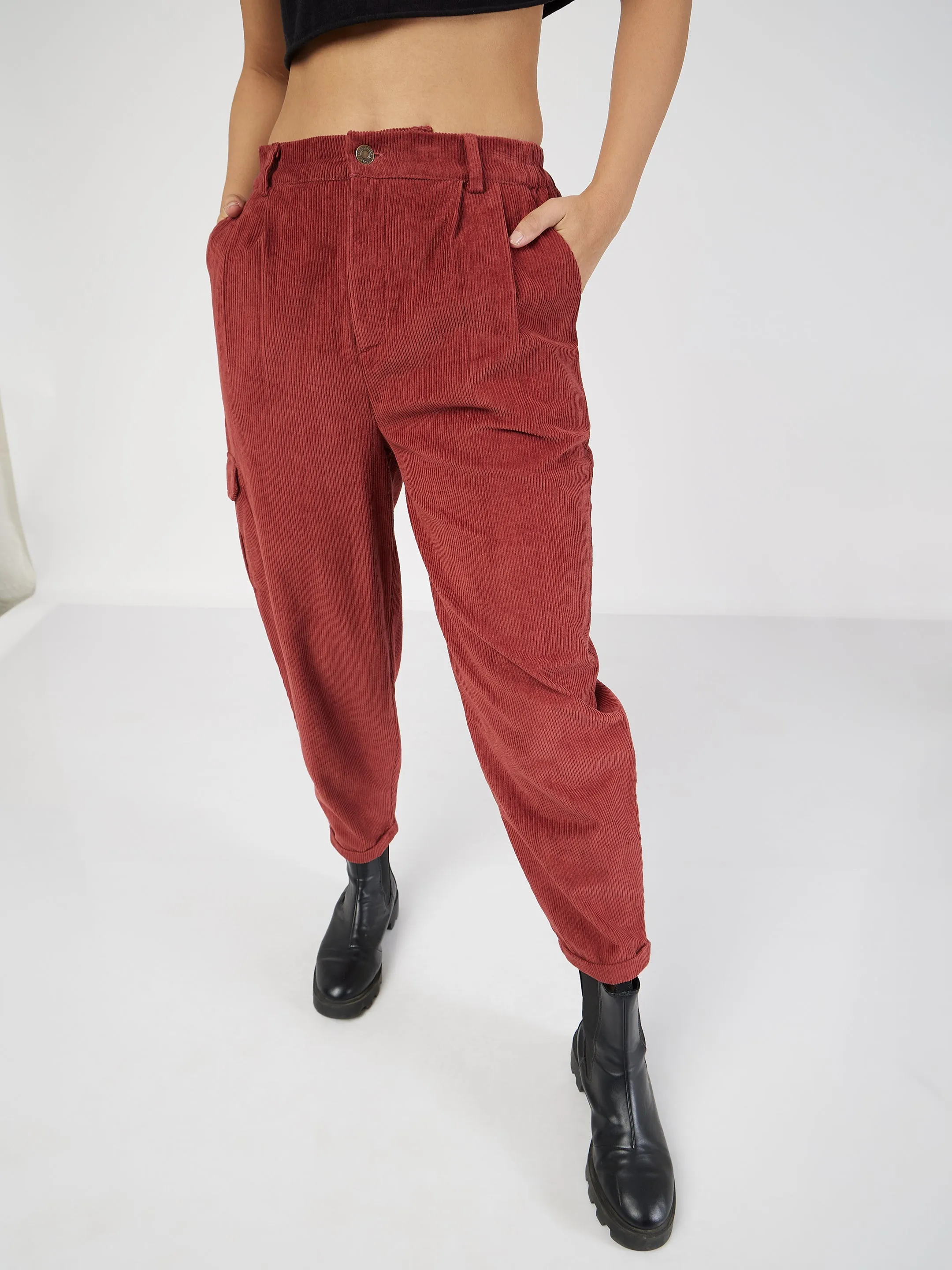 Women Rust Corduroy Carrot Fit Pants