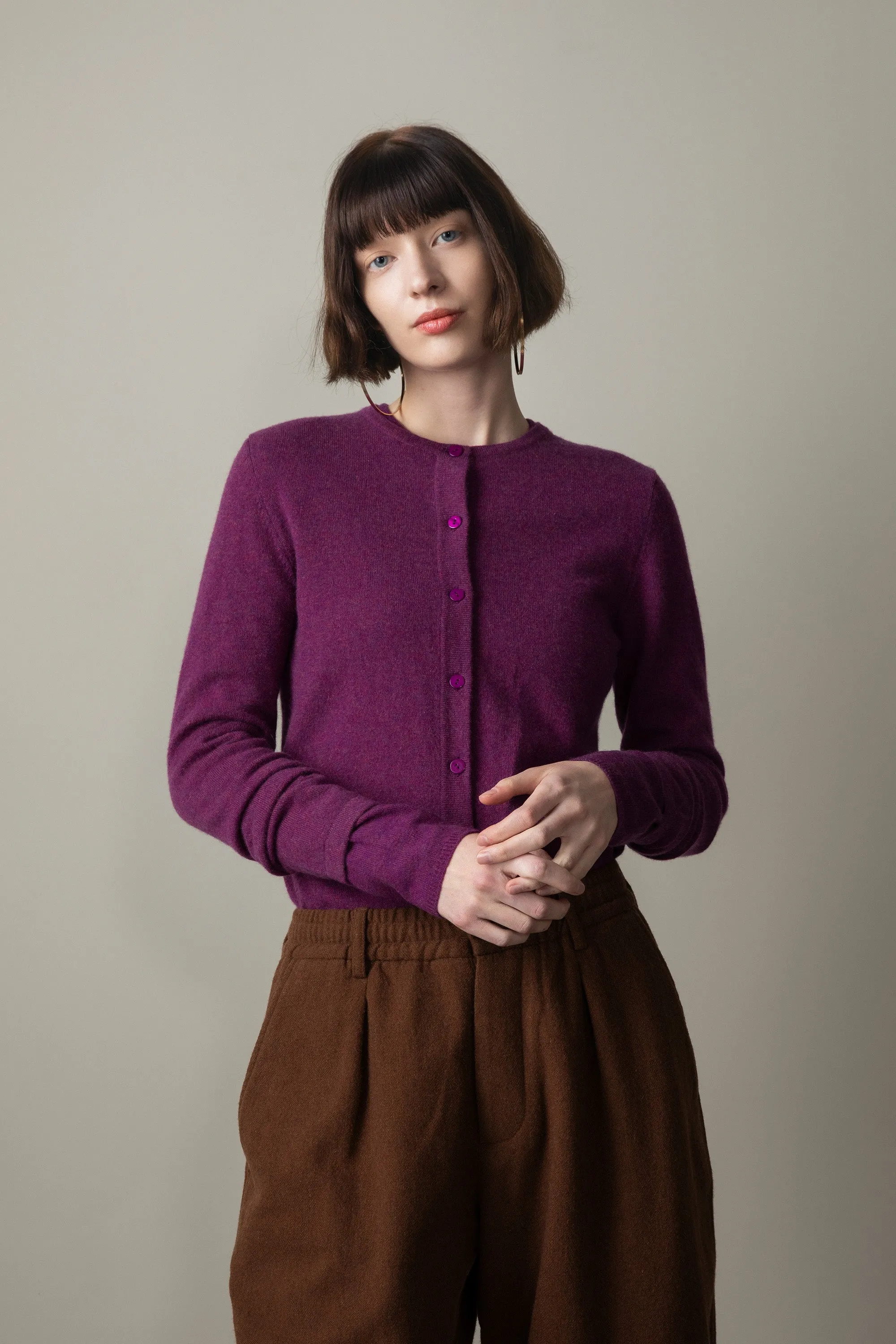 Women's Cashmere High Button Cardigan - Sloeberry