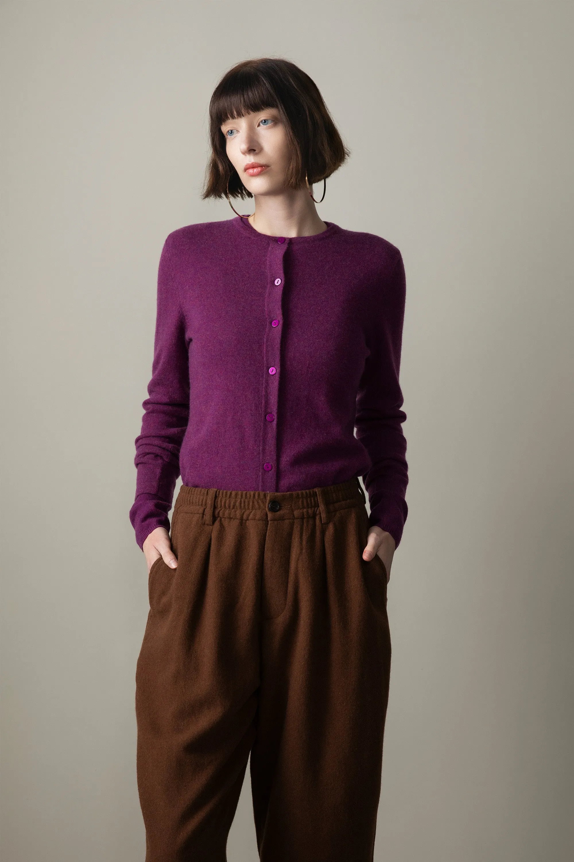 Women's Cashmere High Button Cardigan - Sloeberry