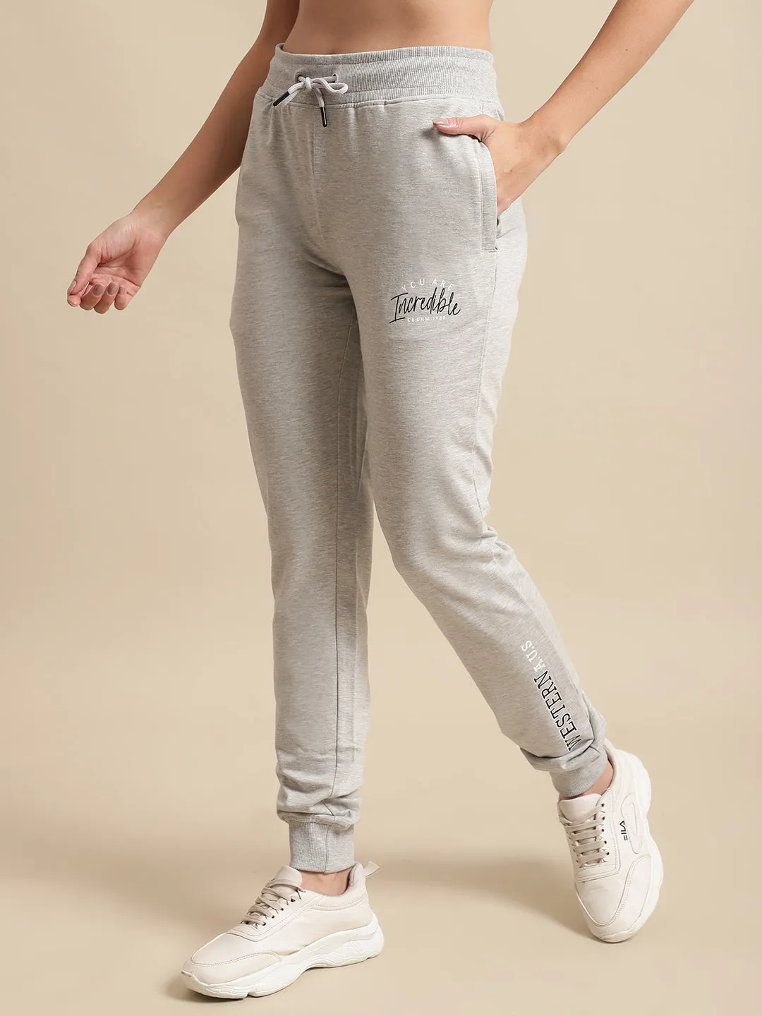 Women's Casual  Grey Melange Full length Mid rise Jogger Pants