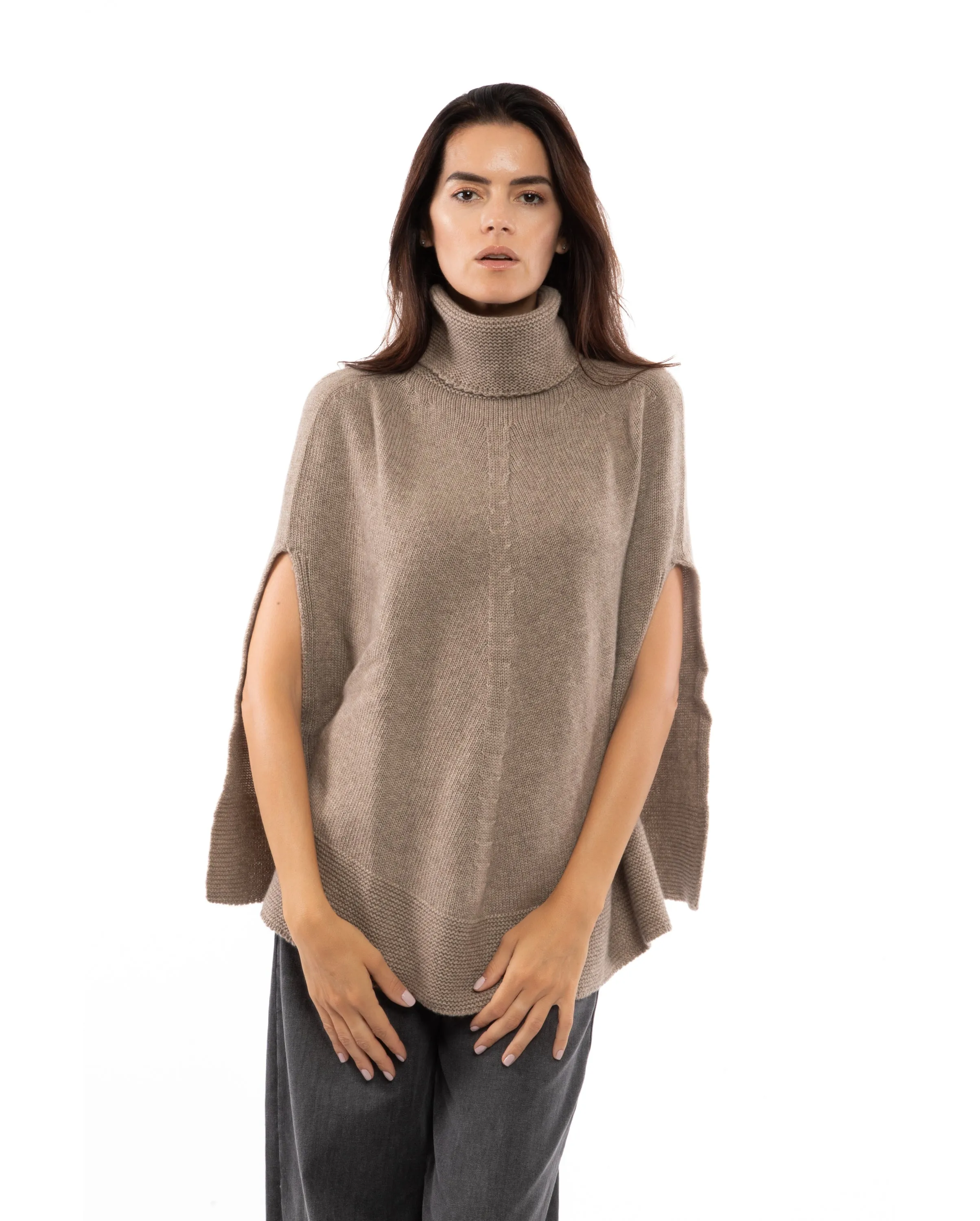 Womens's Pure Cashmere Turtleneck Poncho Taupe