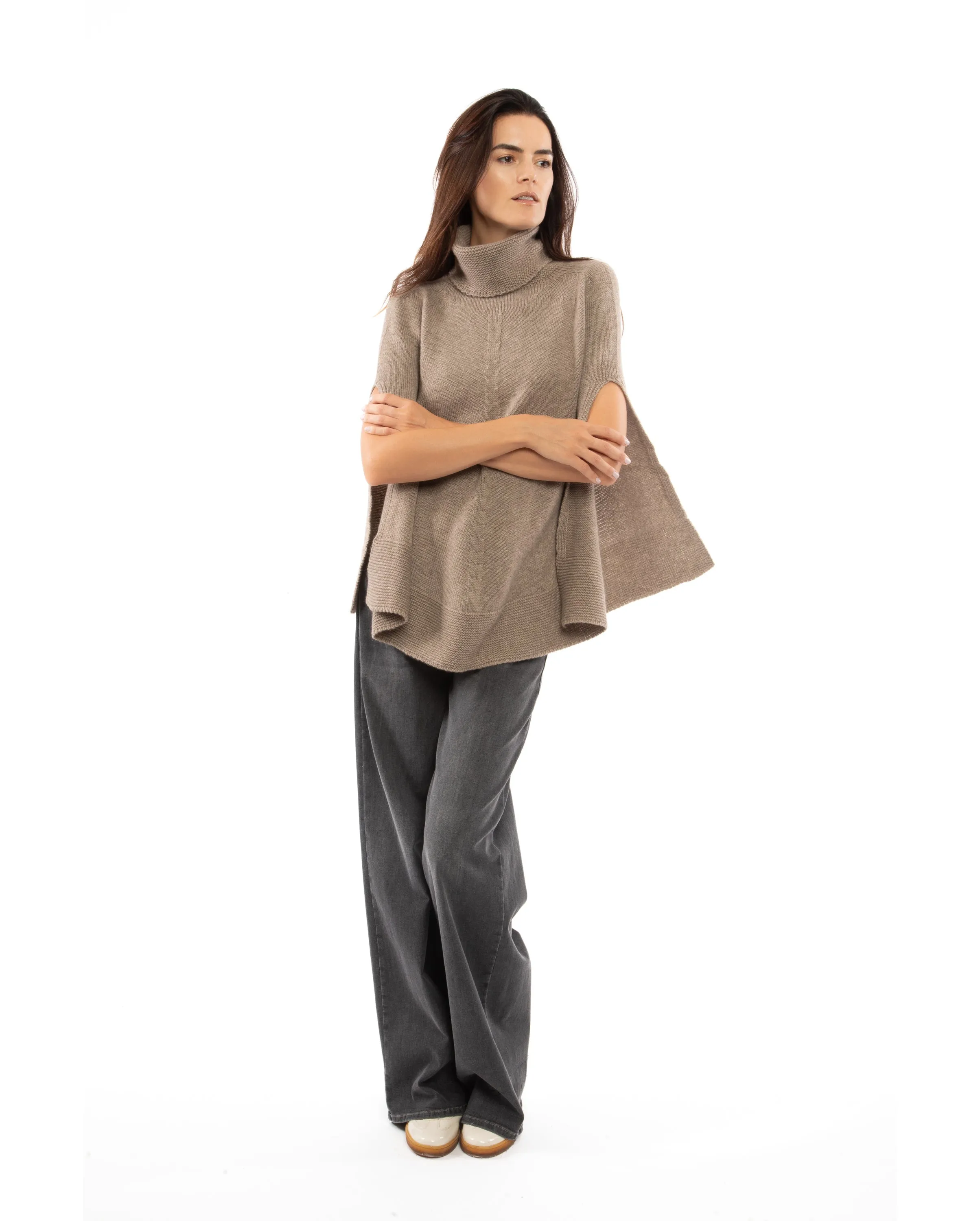 Womens's Pure Cashmere Turtleneck Poncho Taupe