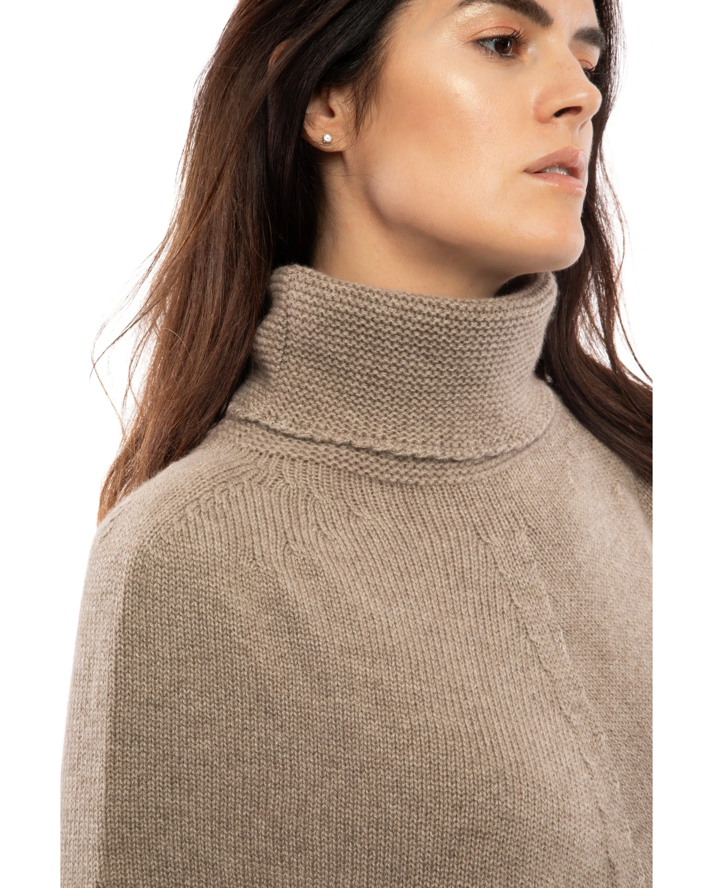 Womens's Pure Cashmere Turtleneck Poncho Taupe