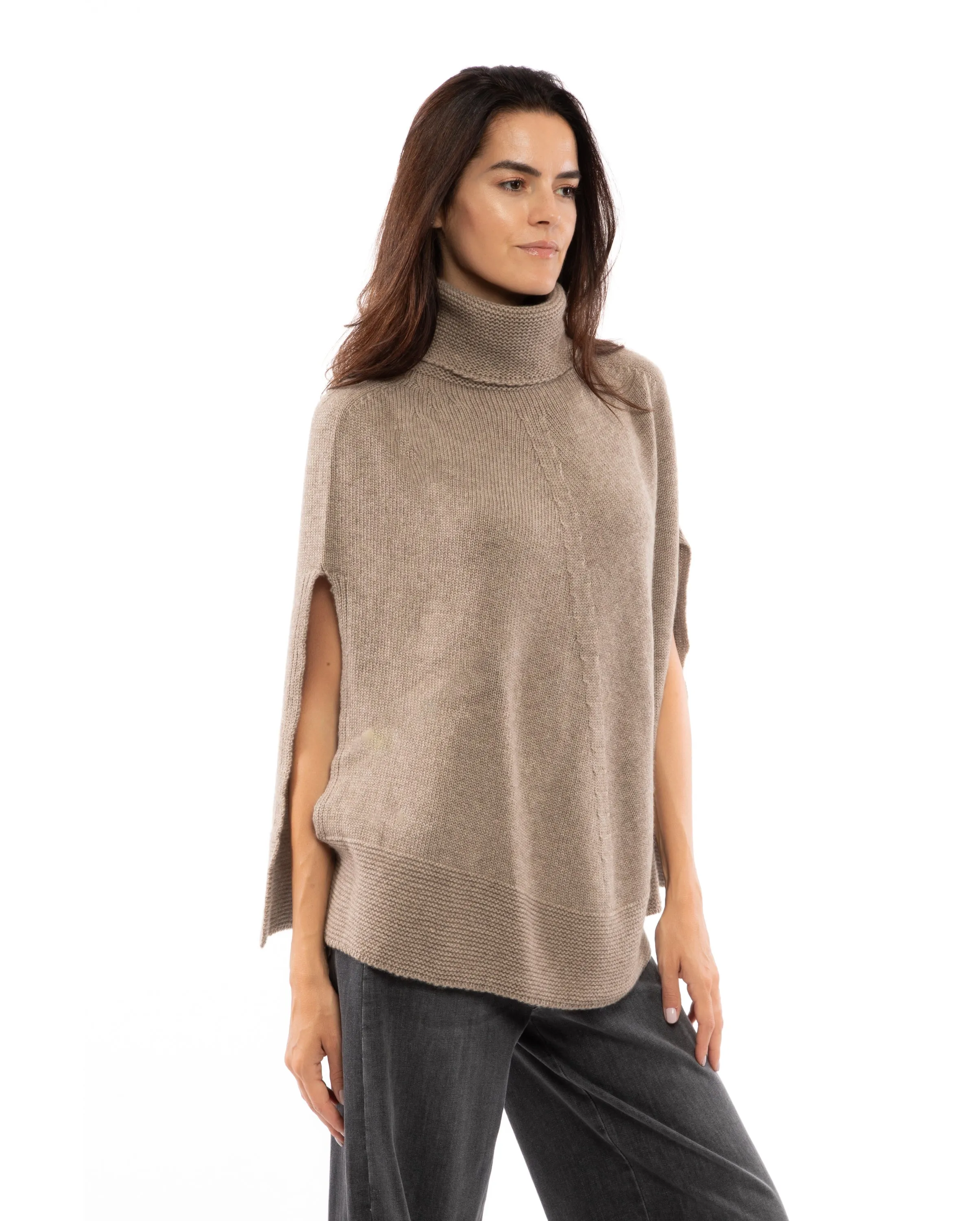 Womens's Pure Cashmere Turtleneck Poncho Taupe