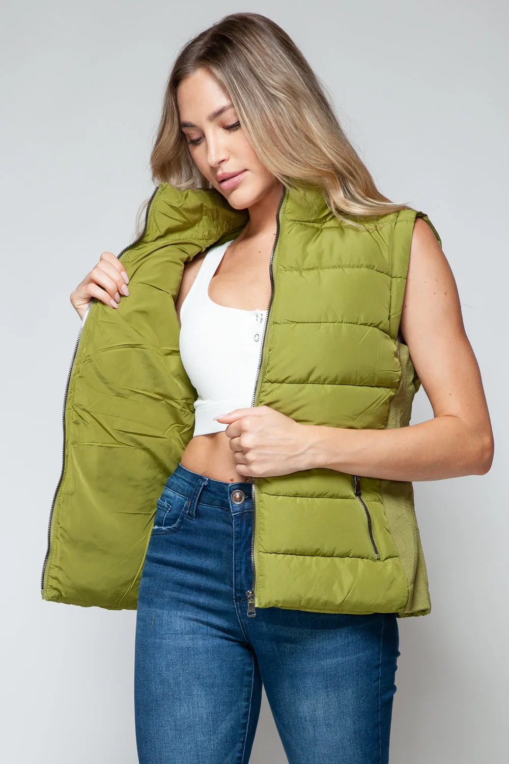 Zip-Up Turtleneck Vest with Pockets Olive