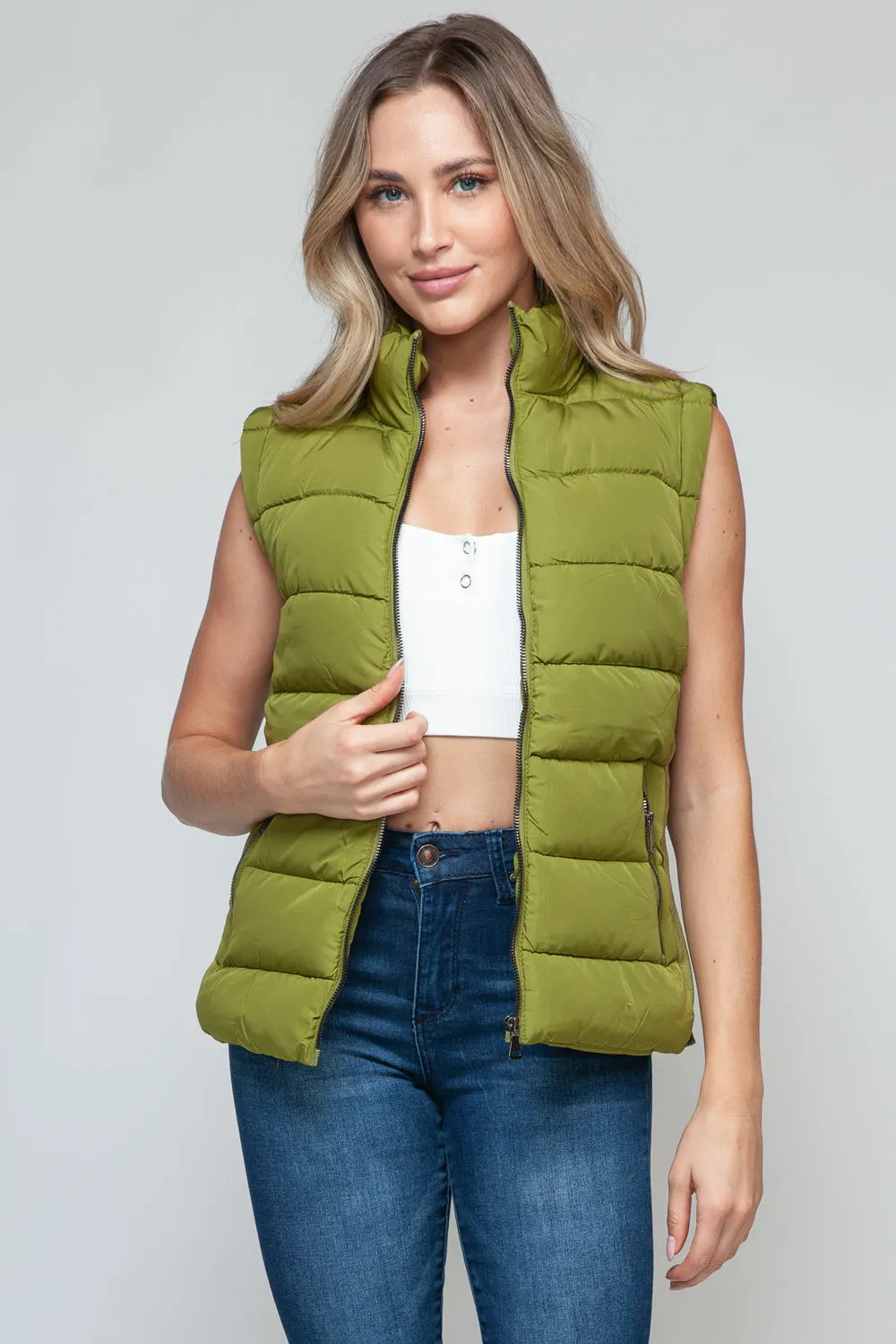 Zip-Up Turtleneck Vest with Pockets Olive